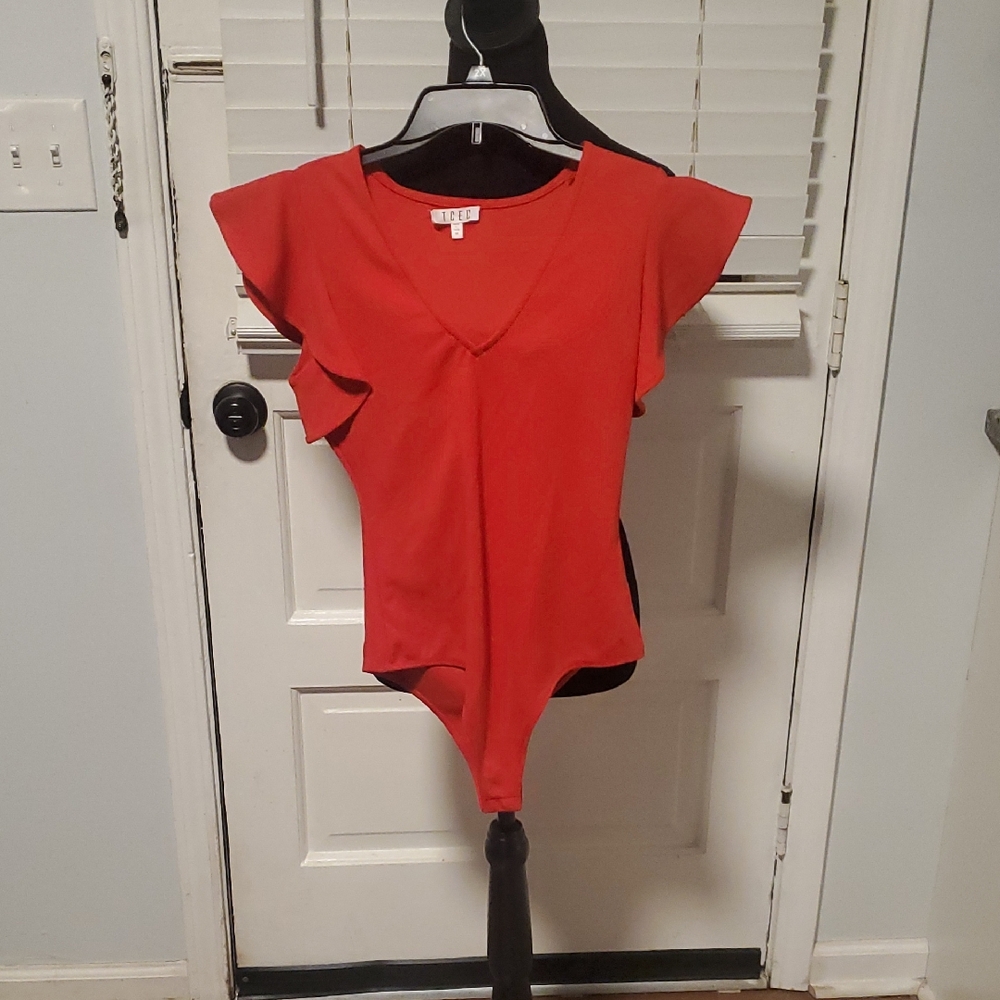 TCEC Red Flutter Sleeve V-Neck Bodysuit